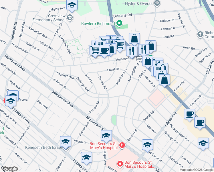 map of restaurants, bars, coffee shops, grocery stores, and more near 1700 Devers Road in Richmond