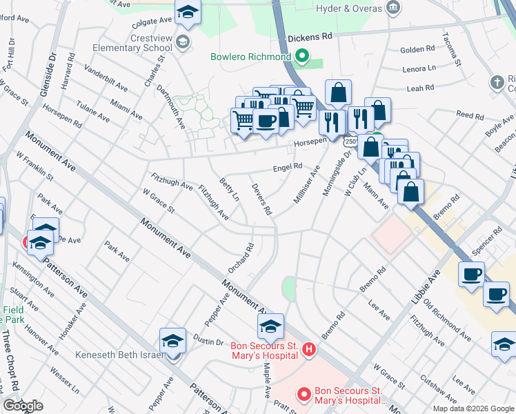 map of restaurants, bars, coffee shops, grocery stores, and more near 1700 Devers Road in Richmond