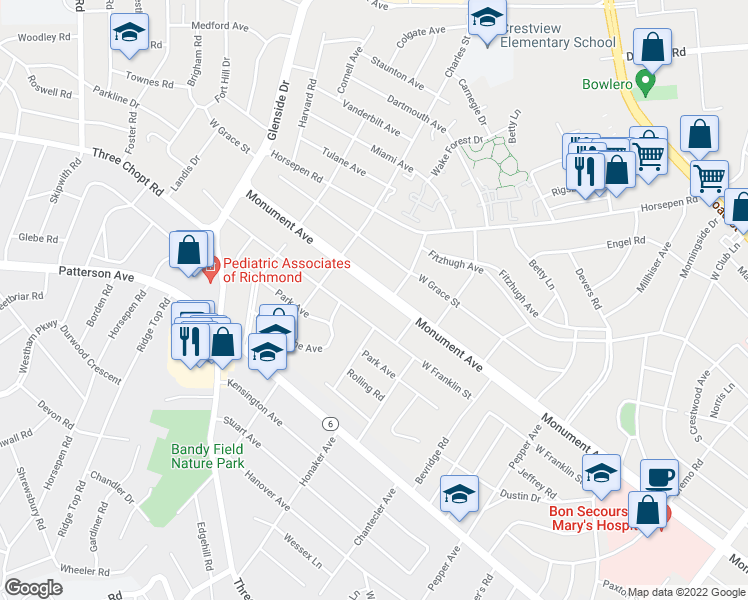 map of restaurants, bars, coffee shops, grocery stores, and more near 6607 Monument Avenue in Richmond