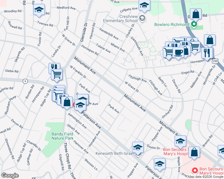 map of restaurants, bars, coffee shops, grocery stores, and more near 6607 Monument Avenue in Richmond