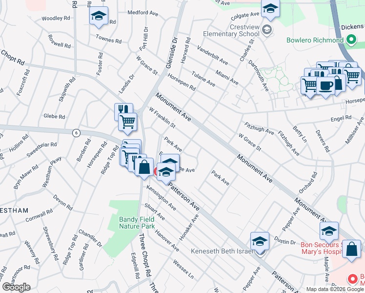 map of restaurants, bars, coffee shops, grocery stores, and more near 6806 Park Avenue in Richmond