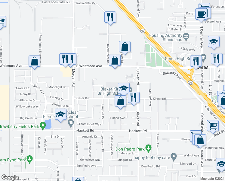 map of restaurants, bars, coffee shops, grocery stores, and more near 1601 Kinser Road in Ceres