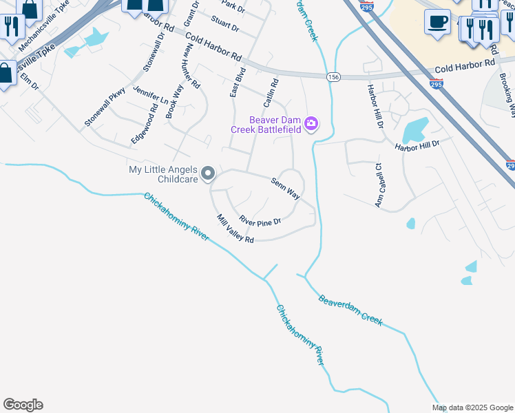 map of restaurants, bars, coffee shops, grocery stores, and more near 7057 River Valley Road in Mechanicsville