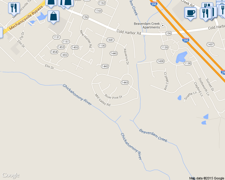 map of restaurants, bars, coffee shops, grocery stores, and more near 7057 River Valley Road in Mechanicsville