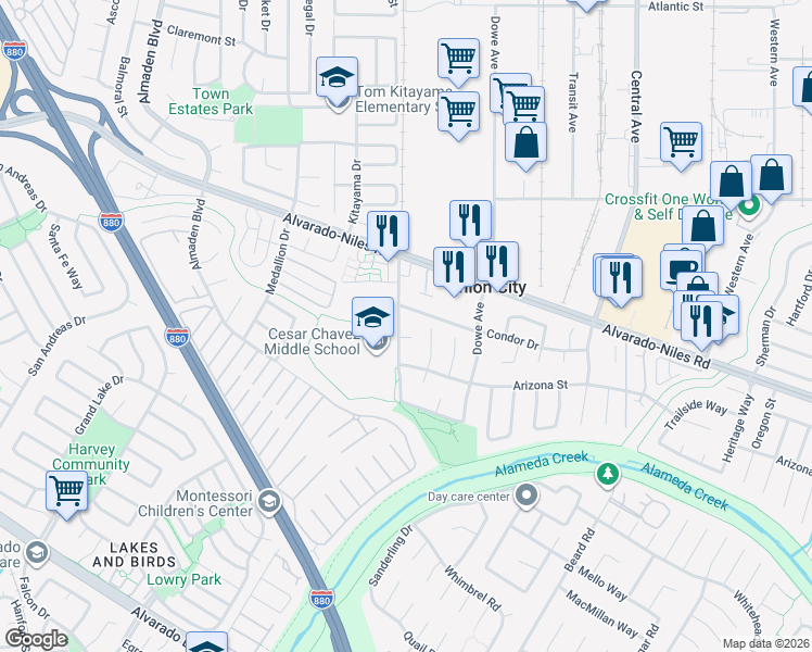 map of restaurants, bars, coffee shops, grocery stores, and more near 2728 Hop Ranch Road in Union City