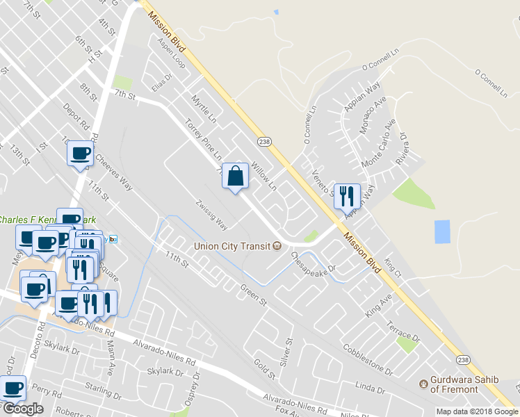 map of restaurants, bars, coffee shops, grocery stores, and more near 34480 Torrey Pine Lane in Union City