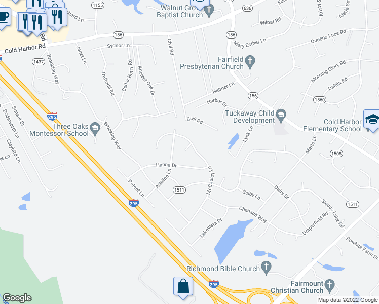 map of restaurants, bars, coffee shops, grocery stores, and more near 7066 Wahoo Court in Mechanicsville