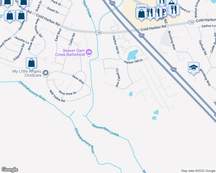 map of restaurants, bars, coffee shops, grocery stores, and more near 7293 Ann Cabell Lane in Mechanicsville