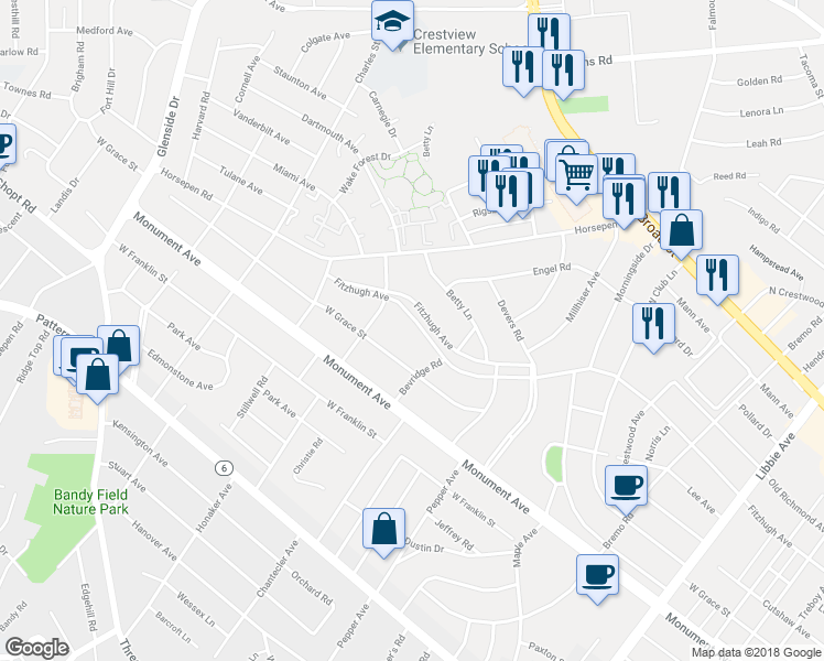 map of restaurants, bars, coffee shops, grocery stores, and more near 6517 Fitzhugh Avenue in Richmond