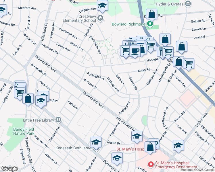 map of restaurants, bars, coffee shops, grocery stores, and more near 6517 Fitzhugh Avenue in Richmond