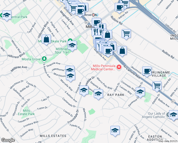 map of restaurants, bars, coffee shops, grocery stores, and more near 1919 Garden Drive in Burlingame