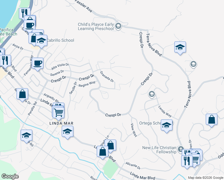 map of restaurants, bars, coffee shops, grocery stores, and more near 1080 Barcelona Drive in Pacifica