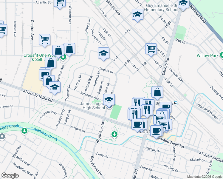 map of restaurants, bars, coffee shops, grocery stores, and more near 1793 H Street in Union City