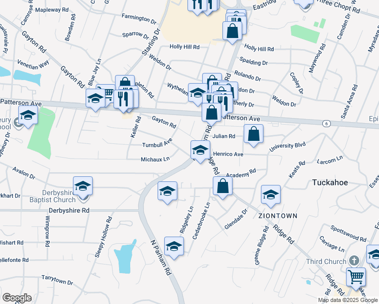 map of restaurants, bars, coffee shops, grocery stores, and more near 800 North Parham Road in Richmond