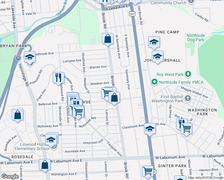 map of restaurants, bars, coffee shops, grocery stores, and more near 1215 Bellevue Avenue in Richmond