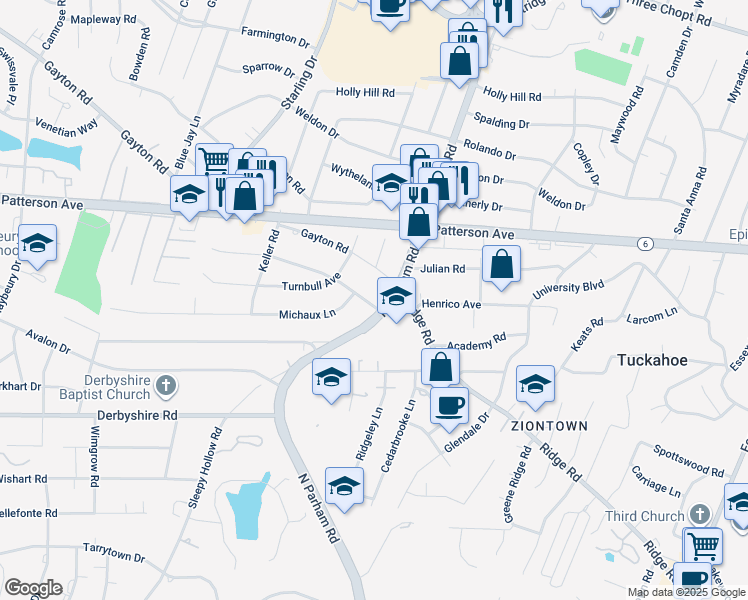map of restaurants, bars, coffee shops, grocery stores, and more near 800 North Parham Road in Richmond