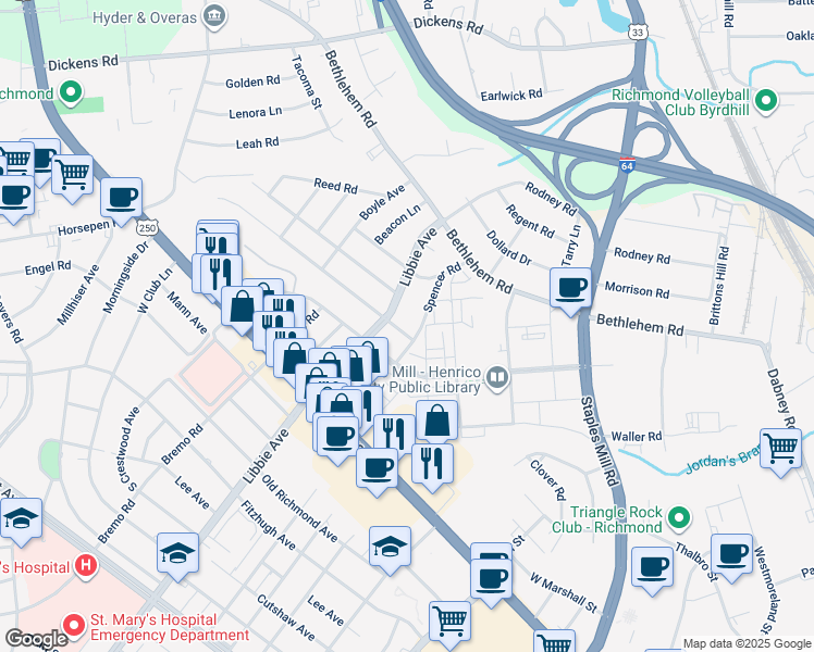 map of restaurants, bars, coffee shops, grocery stores, and more near 5502 Indigo Road in Richmond