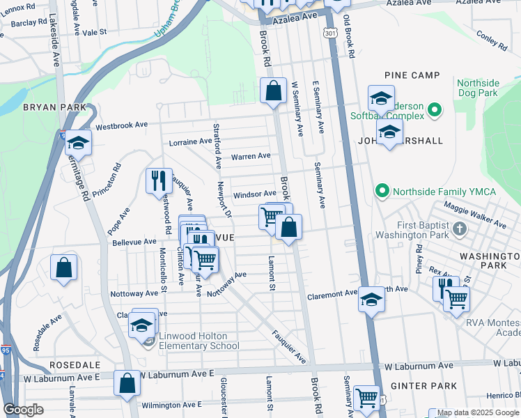 map of restaurants, bars, coffee shops, grocery stores, and more near 1212 Stanhope Avenue in Richmond