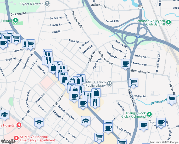 map of restaurants, bars, coffee shops, grocery stores, and more near 5502 Indigo Road in Richmond