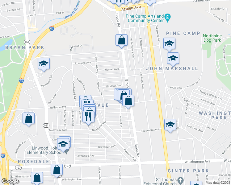 map of restaurants, bars, coffee shops, grocery stores, and more near 1212 Stanhope Avenue in Richmond