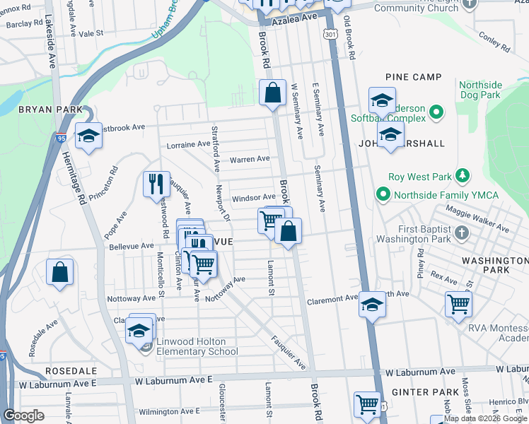 map of restaurants, bars, coffee shops, grocery stores, and more near 1210 Windsor Avenue in Richmond