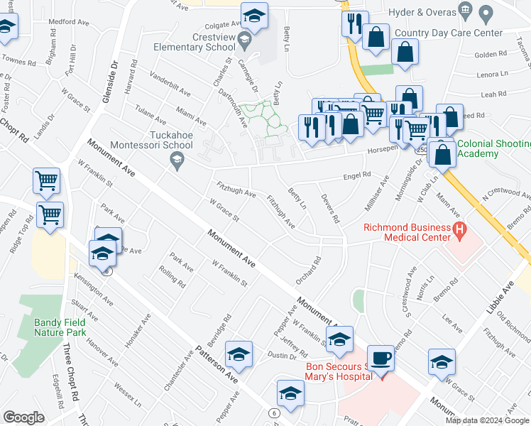 map of restaurants, bars, coffee shops, grocery stores, and more near 6519 Fitzhugh Avenue in Richmond
