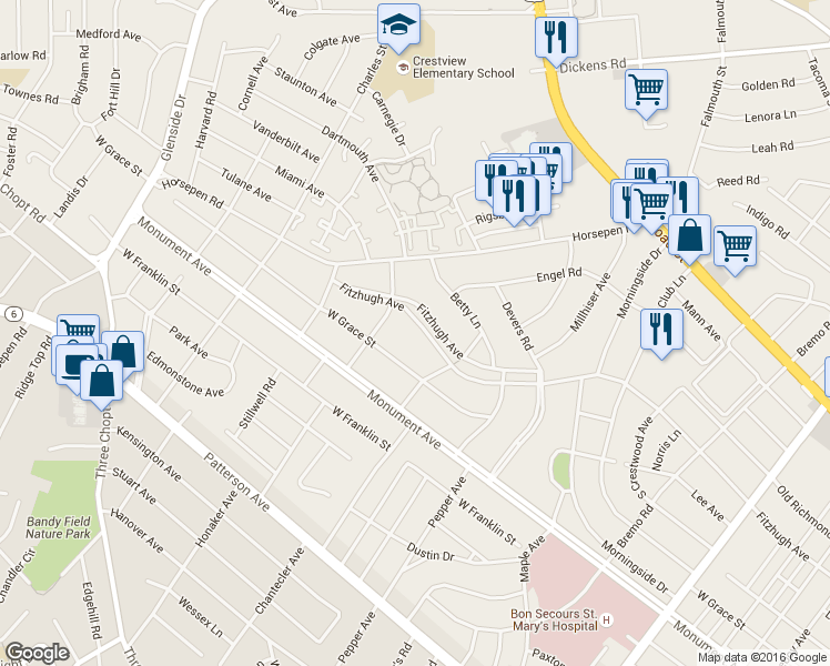 map of restaurants, bars, coffee shops, grocery stores, and more near 6519 Fitzhugh Avenue in Richmond