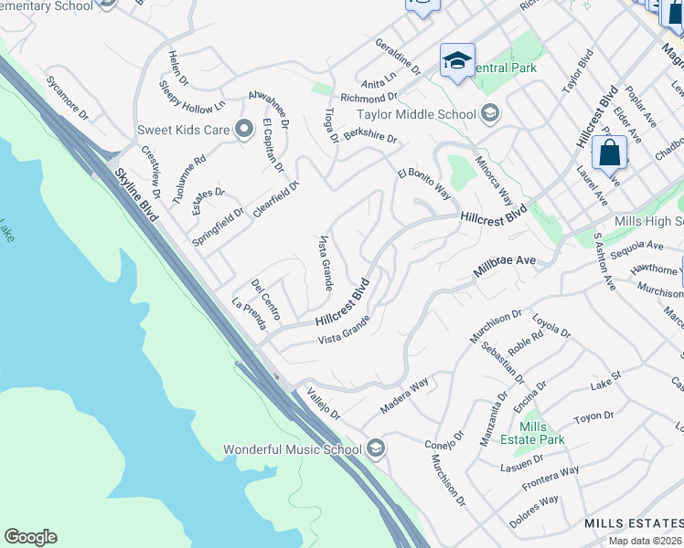 map of restaurants, bars, coffee shops, grocery stores, and more near 1160 Vista Grande in Millbrae