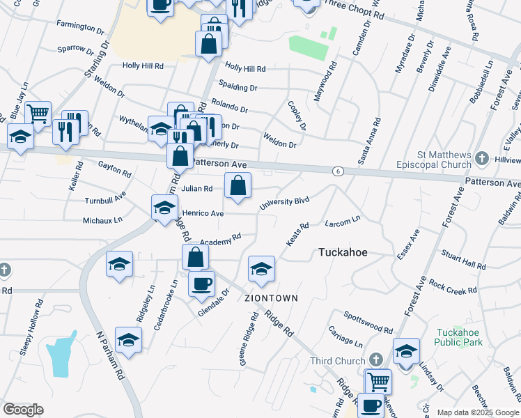 map of restaurants, bars, coffee shops, grocery stores, and more near 9704 University Boulevard in Henrico