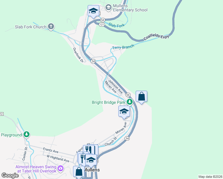 map of restaurants, bars, coffee shops, grocery stores, and more near 1109-1115 Moran Ave in Mullens