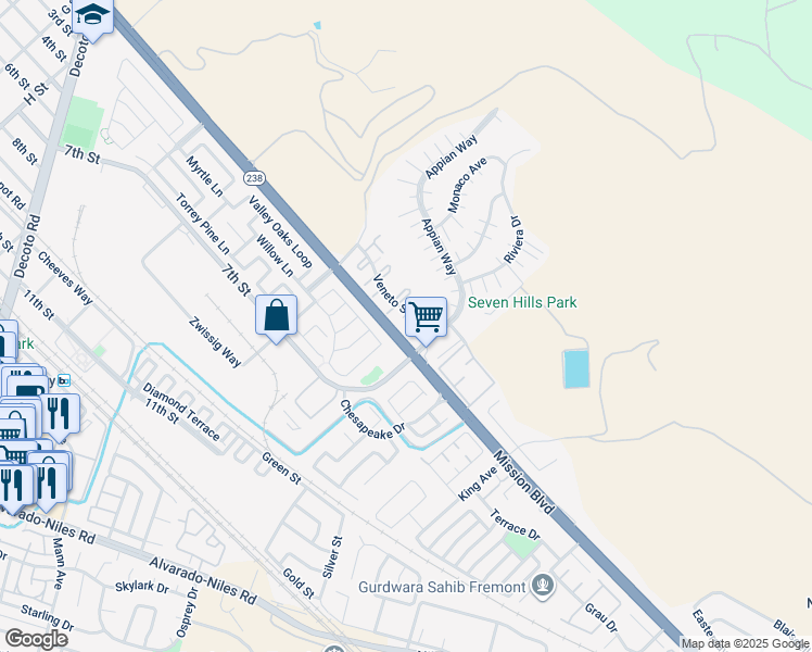 map of restaurants, bars, coffee shops, grocery stores, and more near 239 Galano Plaza in Union City