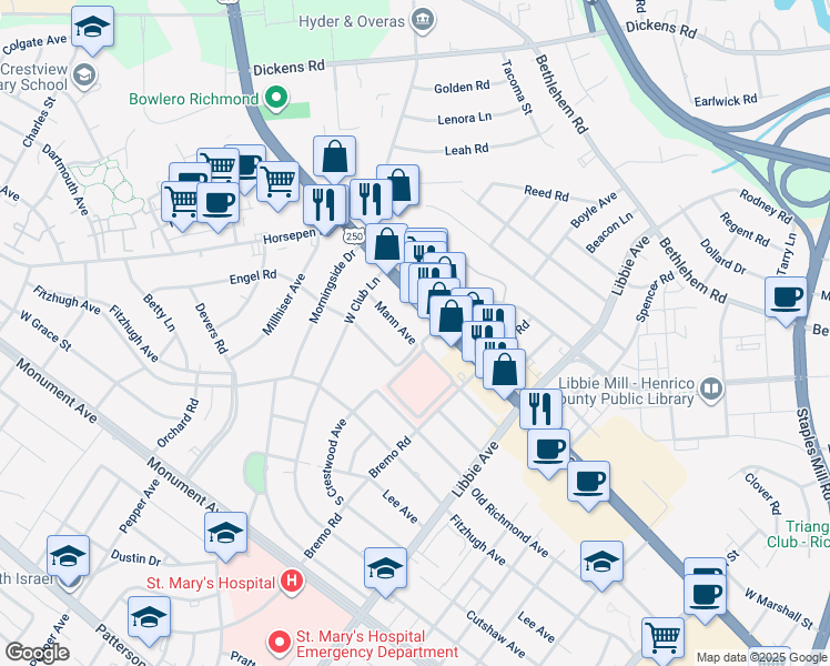 map of restaurants, bars, coffee shops, grocery stores, and more near 6002 Mann Avenue in Richmond