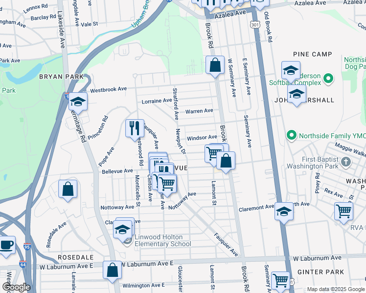 map of restaurants, bars, coffee shops, grocery stores, and more near 4303 Newport Drive in Richmond