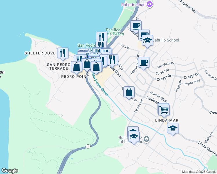 map of restaurants, bars, coffee shops, grocery stores, and more near 1343 De Solo Drive in Pacifica