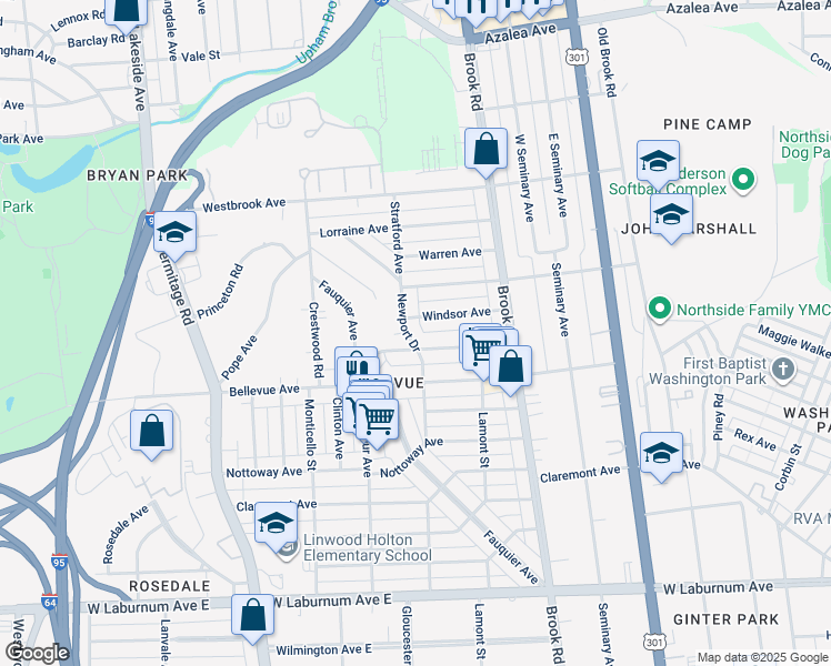 map of restaurants, bars, coffee shops, grocery stores, and more near 4303 Newport Drive in Richmond
