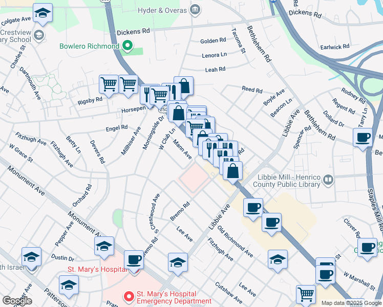 map of restaurants, bars, coffee shops, grocery stores, and more near 6002 Mann Avenue in Richmond