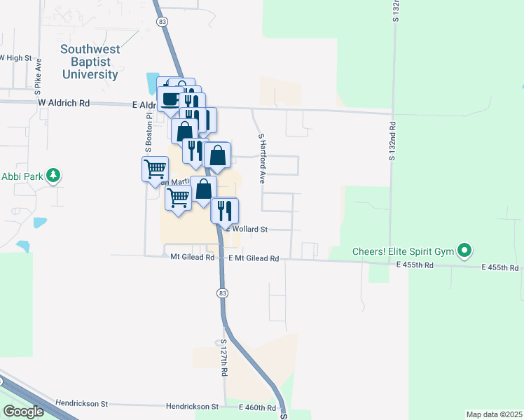 map of restaurants, bars, coffee shops, grocery stores, and more near 2398 South Hartford Avenue in Bolivar