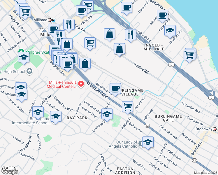 map of restaurants, bars, coffee shops, grocery stores, and more near 1129 Clovelly Lane in Burlingame