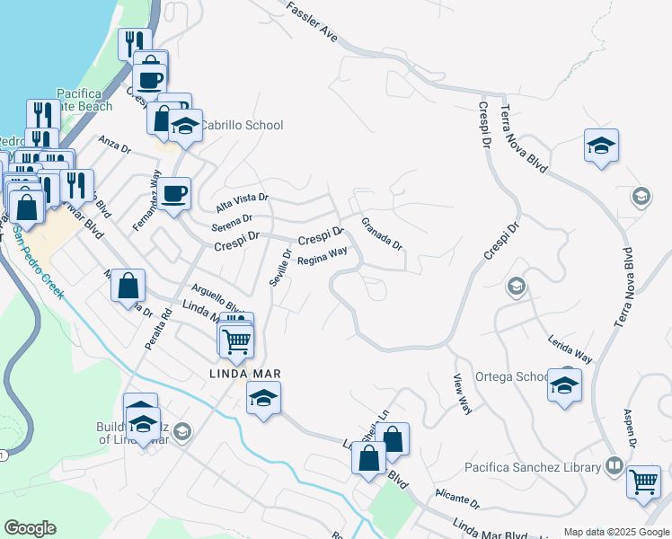 map of restaurants, bars, coffee shops, grocery stores, and more near 1064 Crespi Drive in Pacifica