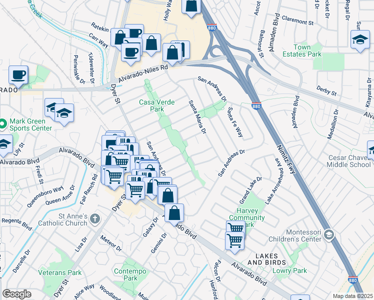 map of restaurants, bars, coffee shops, grocery stores, and more near 3178 Santa Marta Court in Union City