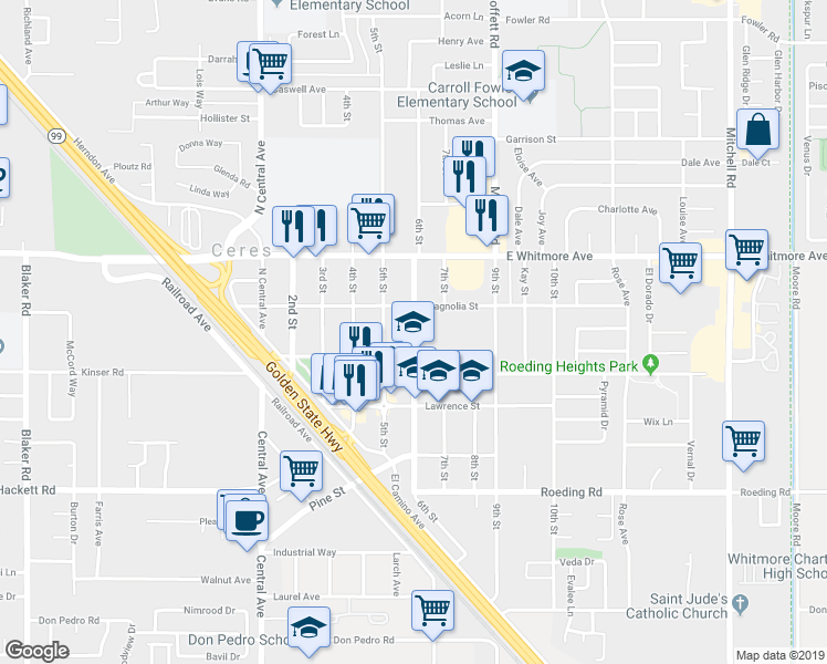 map of restaurants, bars, coffee shops, grocery stores, and more near 2801 6th Street in Ceres