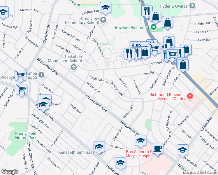 map of restaurants, bars, coffee shops, grocery stores, and more near 6521 Fitzhugh Avenue in Richmond