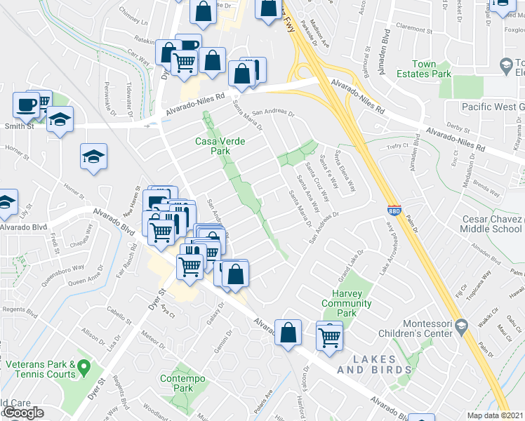map of restaurants, bars, coffee shops, grocery stores, and more near 3178 Santa Marta Court in Union City