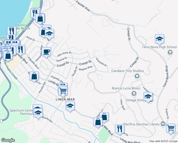 map of restaurants, bars, coffee shops, grocery stores, and more near 1064 Crespi Drive in Pacifica
