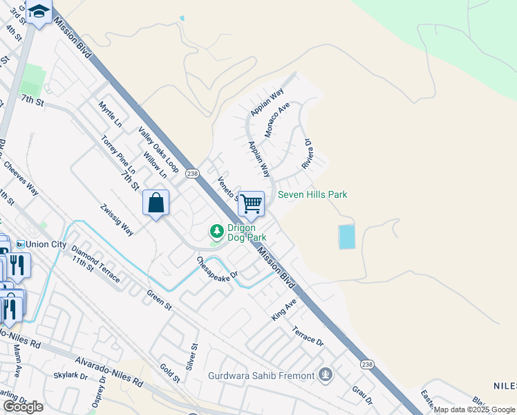 map of restaurants, bars, coffee shops, grocery stores, and more near 213 Ladera Plaza in Union City