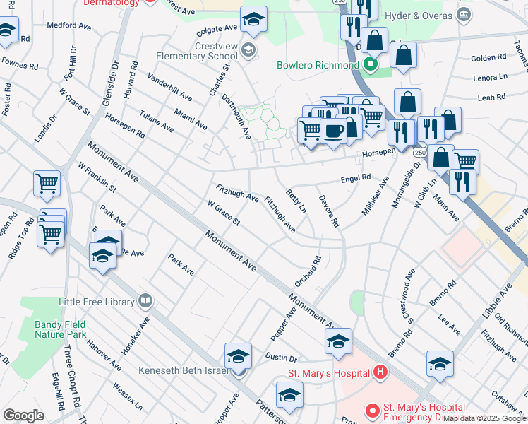 map of restaurants, bars, coffee shops, grocery stores, and more near 6521 Fitzhugh Avenue in Richmond