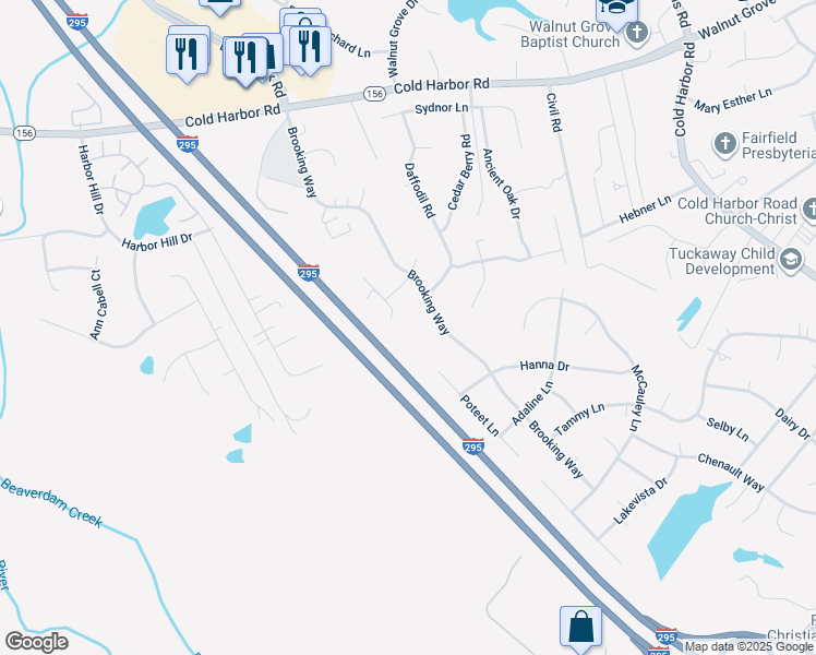 map of restaurants, bars, coffee shops, grocery stores, and more near 7070 Drinkard Way in Mechanicsville
