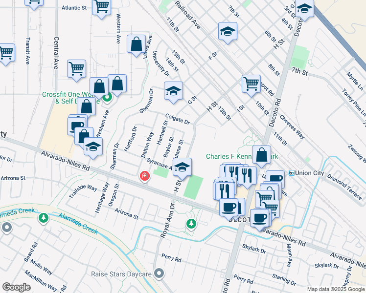 map of restaurants, bars, coffee shops, grocery stores, and more near 1700 Tulane Street in Union City