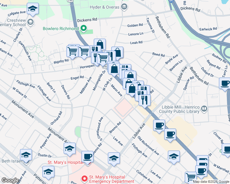 map of restaurants, bars, coffee shops, grocery stores, and more near in Henrico County