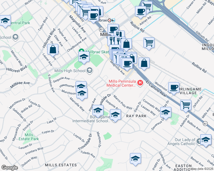 map of restaurants, bars, coffee shops, grocery stores, and more near 1901 Garden Drive in Burlingame